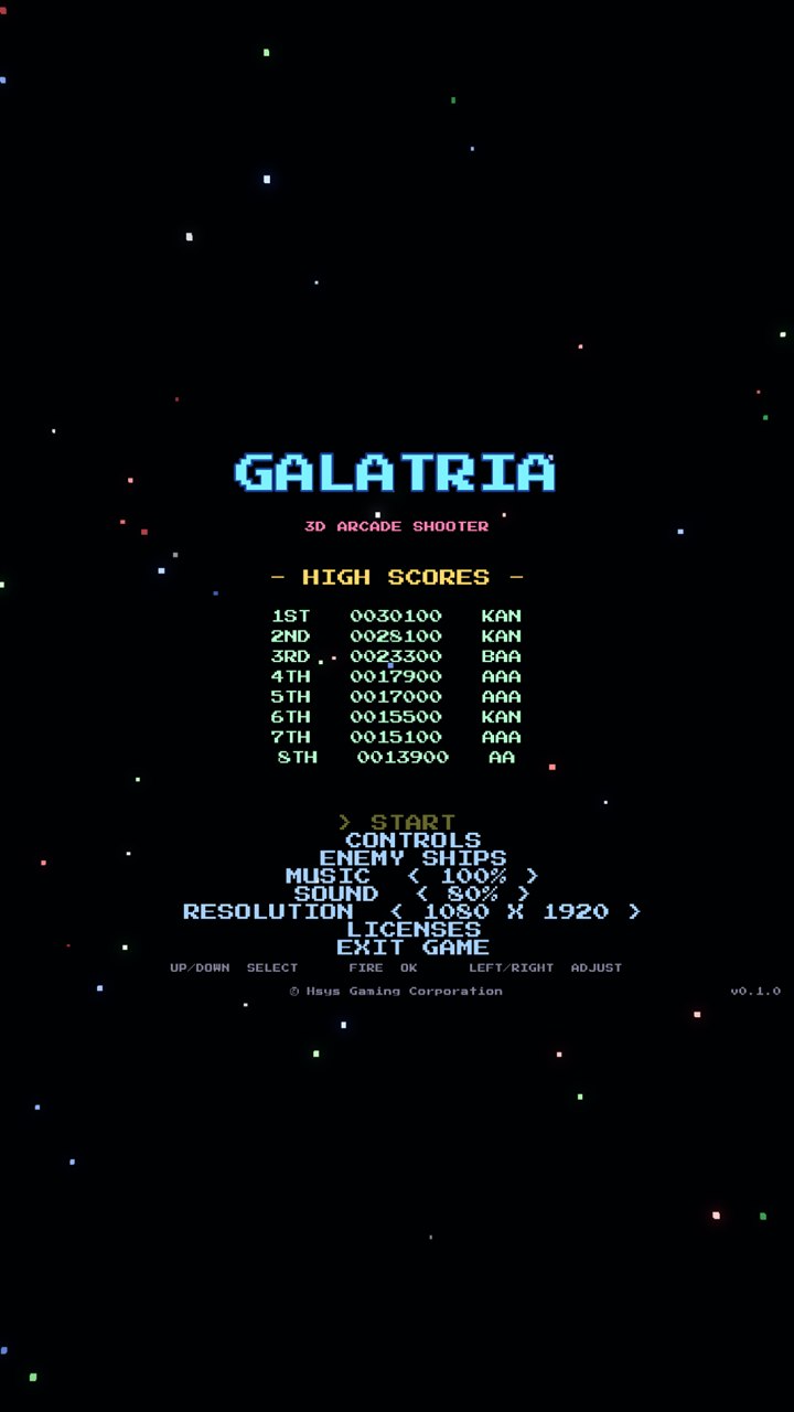 GALATRIA — Titelmenü mit Highscore-Tabelle