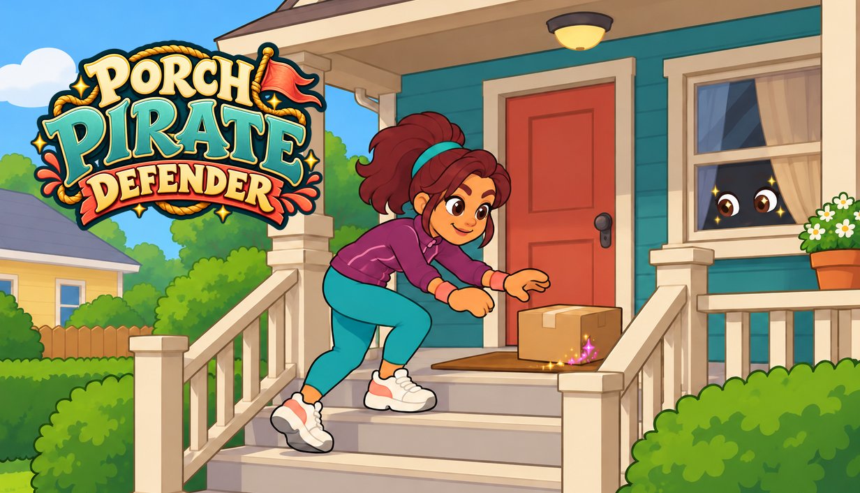 PORCH PIRATE DEFENDER — Key-Art: eine Diebin greift nach dem Paket, aus dem Fenster schauen zwei Augen zu